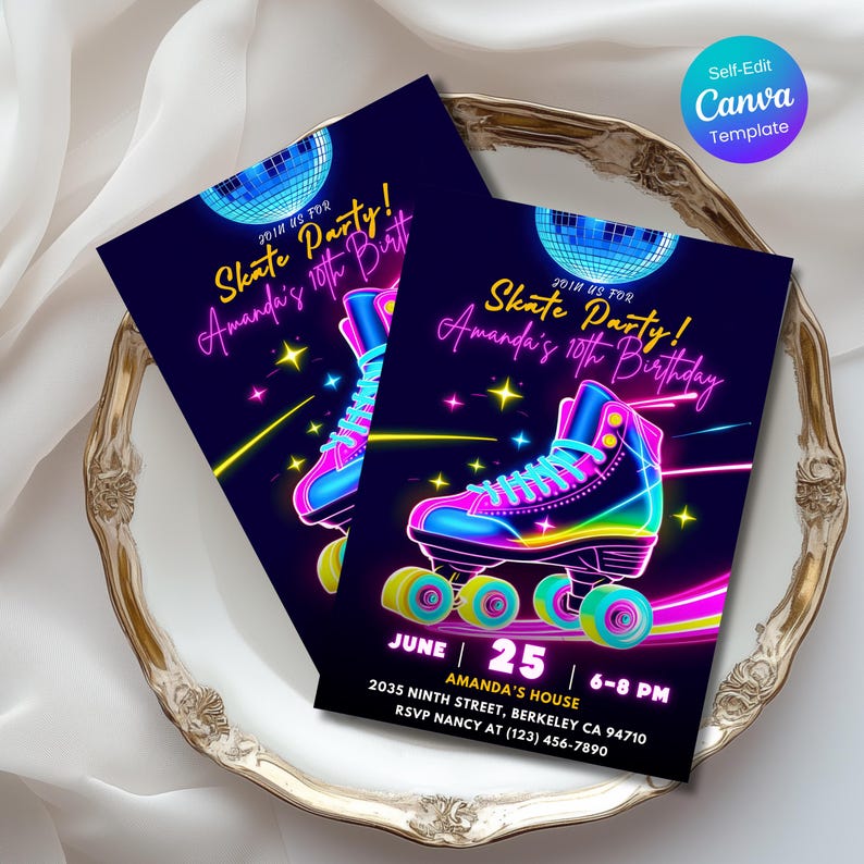 Editable roller skate birthday invitation with neon glow design and disco ball. Canva template for kids or teen party printable digital download. roller skate birthday, neon birthday invite, skate party invitation, editable invite, Canva template, disco birthday invite, glow party invitation, girls birthday invite, boys birthday invite, printable invite, kids birthday invite, teen party invitation, roller rink invite