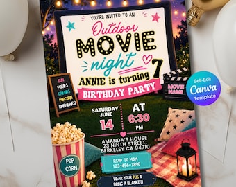 Outdoor Movie Night Invitation, Pink Movie Party Invite, Girl Birthday Invite, Teen Sleepover, Editable Template, Backyard Camp Out Party