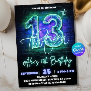 13th Birthday Invitation – Neon Blue Glow Party for Boys, Editable Canva Template, Digital Download, Printable Teen Birthday Party Invite