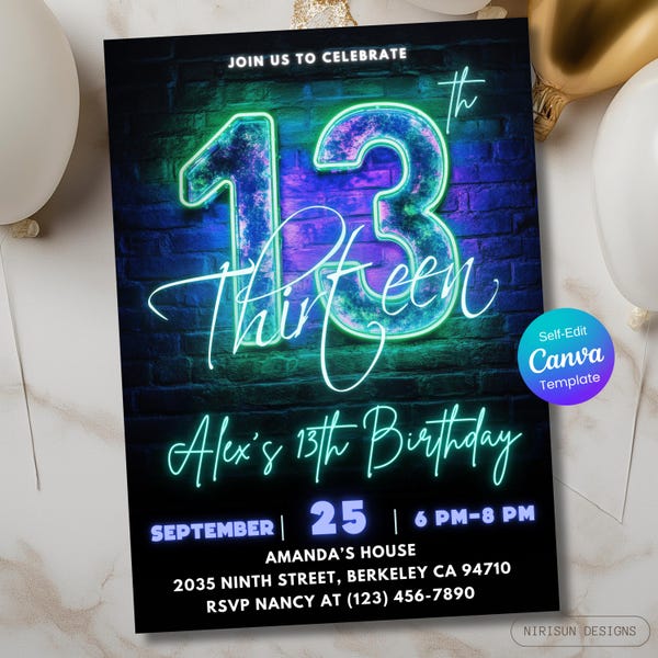 13th Birthday Invitation – Neon Blue Glow Party for Boys, Editable Canva Template, Digital Download, Printable Teen Birthday Party Invite