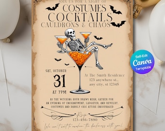 Vintage Halloween Party Invitation, Adult Halloween Skeleton Cocktails & Costumes Invite, Editable Canva Template Printable Digital Download
