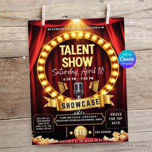 Könnte beinhalten: Ein rotes und goldenes Talent-Show-Poster mit dem Text "TALENT SHOW". Das Poster enthält Datum, Uhrzeit und Ort der Veranstaltung sowie eine Mikrofon-Grafik und das Wort "SHOWCASE".