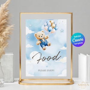 Cartel para comida: Baby Shower con temática de ositos de peluche y globos azules "We Can Bearly Wait" (Ya casi podemos esperar), póster imprimible para fiestas, plantilla editable de Canva, cartel para mesa de comida.