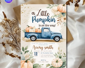 Invito per baby shower a tema zucca, invito stampabile modificabile per baby shower autunnale con camion blu, modello Canva per baby shower autunnale, download immediato