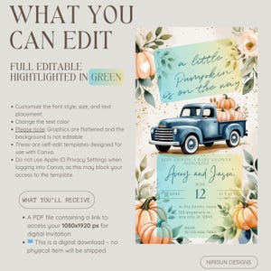 May include: A digital baby shower invitation template featuring a blue vintage truck carrying pumpkins. The invitation includes the text "a little pumpkin is on the way" and details for Avery and Jason's baby shower. The design has watercolor pumpkins and foliage.