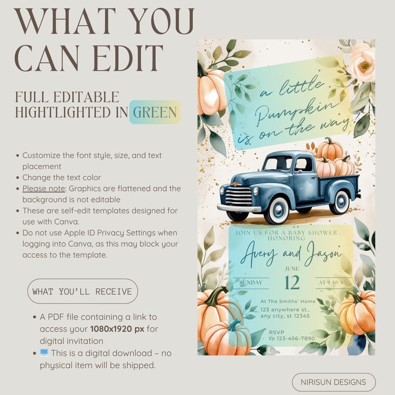 May include: A digital baby shower invitation template featuring a blue vintage truck carrying pumpkins. The invitation includes the text "a little pumpkin is on the way" and details for Avery and Jason's baby shower. The design has watercolor pumpkins and foliage.