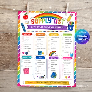 May include: A colorful school supply list template featuring a rainbow header, the text SUPPLY LIST and LET'S START THE YEAR PREPARED!, organized into categories like Writing, Paper, Colors, Classroom, Organization, Art, Extras, and Wish List.