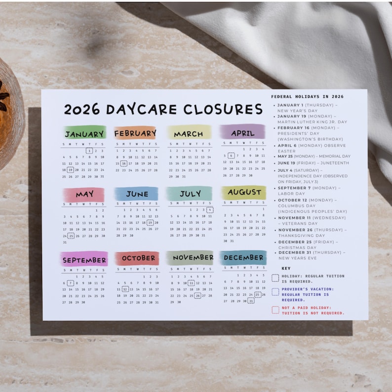 Editable 2026 Daycare Closure Calendar Template, Printable Canva ...