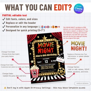 Op de afbeelding: Een zwart-gouden filmnacht-uitnodigingssjabloon met bewerkbare tekst. Het ontwerp bevat een popcornemmer, filmrol en een bord in tentstijl met de tekst "Movie Night". De sjabloon is ontworpen voor een afdruk van 12,7 x 17,8 cm.