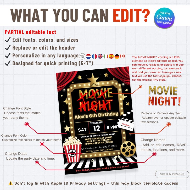 Op de afbeelding: Een zwart-gouden filmnacht-uitnodigingssjabloon met bewerkbare tekst. Het ontwerp bevat een popcornemmer, filmrol en een bord in tentstijl met de tekst "Movie Night". De sjabloon is ontworpen voor een afdruk van 12,7 x 17,8 cm.