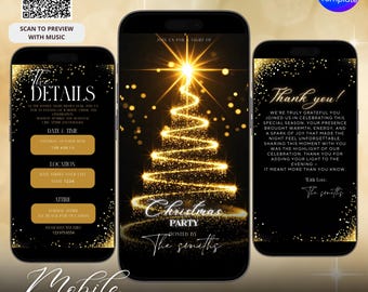 Animated Christmas Party Invitation: Elegant Black Gold Theme Holiday Video Evite, Editable Canva Template, Instant Download, Digital invite