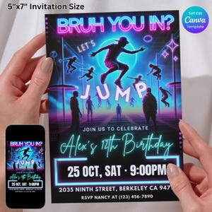 Trampoline Park Birthday Invitation, Neon Jump Party Invite, Editable Canva Template, Digital Download, High Energy Action Party Card, Bruh