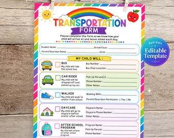 Transportation Form, Student Dismissal Form, School Pick Up Form, Editable Template, Printable PDF, Back to School Transportation Flyer
