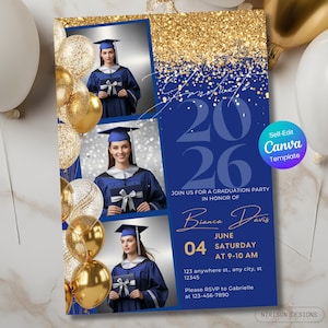 Plantilla de invitación de graduación en azul real y dorado para la clase de 2026 (para él o ella), editable en Canva, para fiesta de graduación de secundaria, imprimible, digital.