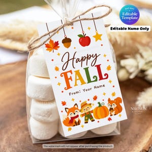 Può includere: Un'etichetta regalo rettangolare bianca legata con dello spago a un sacchetto di plastica trasparente contenente marshmallow. L'etichetta riporta il testo Happy FALL e From: Your Name, decorata con illustrazioni di mela rossa, ghianda, stella, volpe, spaventapasseri, zucca e scoiattolo.