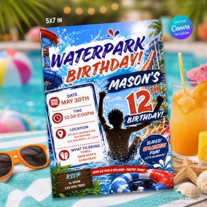 Inbjudan till vattenparksfödelsedag, redigerbar inbjudan till vattenrutschkana, utskrivbar inbjudan till stänkfödelsedag på canvas, sommarfödelsedag för vattenpark