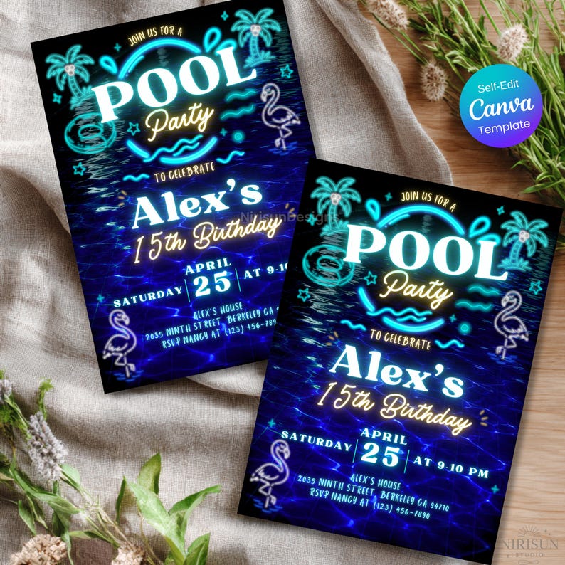Neon Pool Party Invitation Template, Glow Pool Birthday Invite, Teen ...
