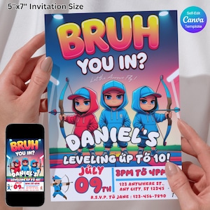 Bogenschießen-Geburtstagseinladung, Bruh Sie in Party einladen, Pfeil und Bogen-Thema, Bullseye-Einladung, bearbeitbare Canva-Vorlage, digitaler Download