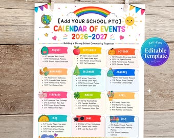 Editable School Calendar of Events Template, Monthly Parent Group Event Planner, Classroom Newsletter Flyer, School Event Schedule Printable
