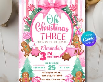 Oh Christmas Three Birthday Invitation: Gingerbread Holiday Party (Editable Canva Template, DIY Printable Invite, Digital, Instant Download)