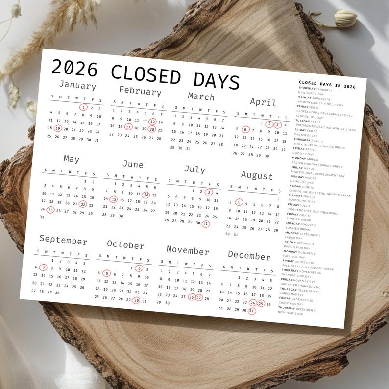 2026 Daycare Closed Days Calendar, Preschool Childcare Holiday Schedule ...