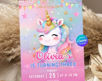 May include: A colorful birthday invitation featuring a cartoon unicorn with a golden horn and rainbow mane. The invitation reads "Olivia's is turning three" with event details. The design includes stars, bunting, and the text "Join us to celebrate."