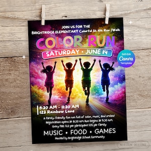 May include: A colorful poster for the Brightridge Elementary Color Run, featuring children running with arms raised. The poster includes event details: Saturday, June 14, 8:30 AM - 11:30 AM, 123 Rainbow Lane. The event includes music, food, and games.
