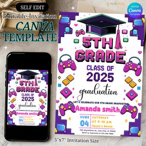 Invitación de graduación de quinto grado, fiesta de graduación de videojuegos, invitación de graduación de quinto grado editable con temática de jugador, diploma para niños