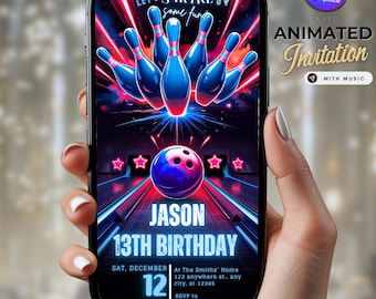 Bowling Birthday Party Invitation, Neon Arcade Kids Teens Video Invite, Bowling Alley Celebration Editable Canva Template Instant Download