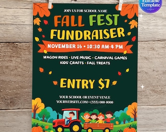 Op de afbeelding: Een donkergroene flyer voor een Fall Fest-inzamelingsactie met oranje herfstbladeren, een rode tractor met aanhanger en vier kinderen, en tekst met 16 november, 10:30-16:00 uur en Entree $7. Ruimte voor schoolnaam en contactgegevens.