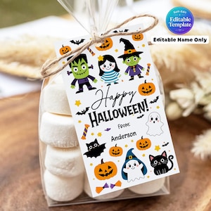 Add a fun and festive touch to your Halloween treats with this adorable printable Halloween gift tag! Featuring cute Halloween characters like a friendly Frankenstein, witch, ghost, black cat, pumpkins, and candy—these tags are perfect for trick-or-treat handouts, classroom gifts, party favors, and more.