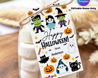 Happy Halloween Gift Tags, Trick or Treat Ghost Theme, Printable Candy bag tags, Halloween Favor Tags, Editable Name Only, Classroom Treat