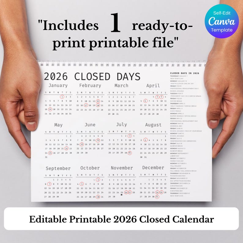 2026 Daycare Closed Days Calendar, Preschool Childcare Holiday Schedule ...