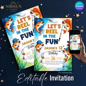 Fishing Birthday Invitation, Fish Birthday Invitation, Reel Fun Bass Birthday Party Invite, Kids Fishing Party, Editable Canva Template