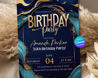 Blue Gold Birthday Invitation, Elegant Party Invite, Editable Canva Template, Classy invite for Men Women, Digital Birthday, 30th 40th 70th