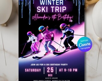 Könnte beinhalten: Eine Einladung zur Winter-Ski-Party. Das Design zeigt drei Skifahrer auf einer schneebedeckten Piste, mit dem Text "Winter Ski Trip" und "Alexandra's 12th Birthday!" in einem lila und blauen Farbschema. Enthält Eventdetails.
