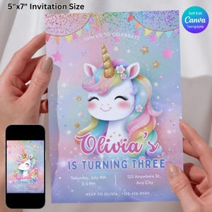Unicorn Birthday Invitation, Magical Rainbow Invite, Pastel Rainbow Party Invite, Sparkle Invitation, Editable Canva Template, Printable