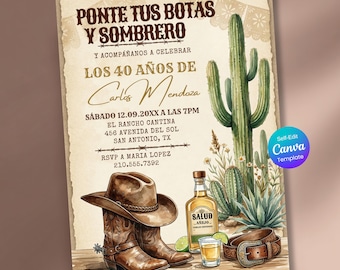 Invitación Mexican Cowboy Birthday Invite, Sombrero y Botas Charro Party, Ranch Fiesta Invitación Español, Western Vaquero Birthday Invite