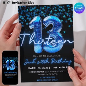 Tarjeta de cumpleaños número 13. Invitación de cumpleaños número 13: Fiesta con brillo azul neón, plantilla editable de Canva, tarjeta de cumpleaños número 13, cumpleaños de niño.