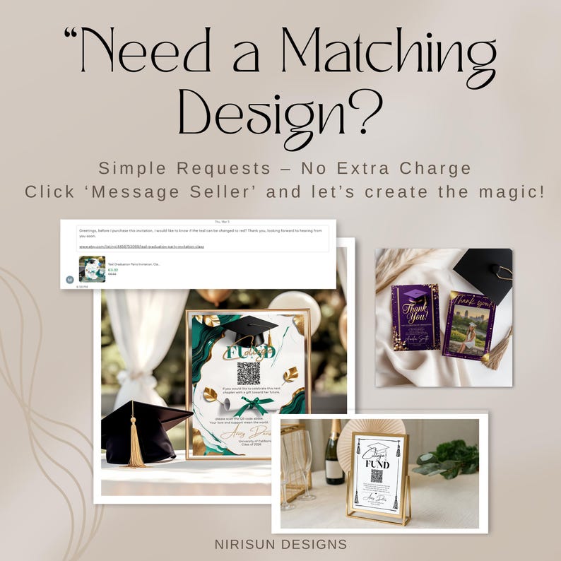 May include: An advertisement for custom design services. The image features graduation announcements, thank you cards, and a donation sign. Text includes "Need a Matching Design?" and "Click 'Message Seller'".