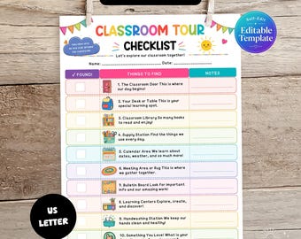 Editable Classroom Tour Checklist, Printable Back to School Scavenger Hunt, First Day of School Activity, Classroom Orientation Sheet