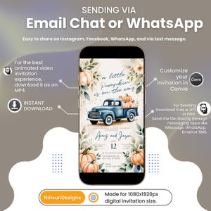May include: A digital baby shower invitation displayed on a smartphone. The design features a blue vintage truck carrying pumpkins, with text that reads "a little pumpkin is on the way." The invitation is designed for Avery and Jason.