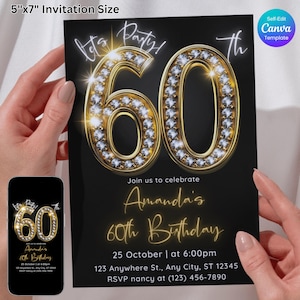 Gold Black 60th Birthday Invitation Template, Editable Canva, Glamorous Diamond Sparkle Party Invite, Printable 60th Glam Invite For Her
