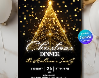 Uitnodiging kerstdiner: elegante zwartgouden kerstfeestuitnodiging, kerstfeest, bewerkbare canvassjabloon, afdrukbaar, direct downloaden