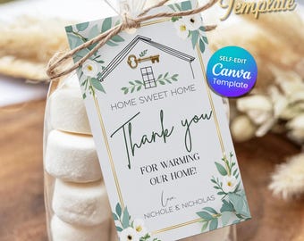 Housewarming Thank You Tags, Greenery Favor Tags, New Home Party Gift Tags, Editable Canva Template, Printable Tag, Home Sweet Home Decor