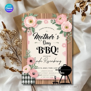 Editable Mother’s Day BBQ Invitation Template, Floral Picnic Backyard Party Evite, Canva Invite, Digital Download for Moms, Spring cookout