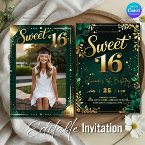 Modello di invito per il compleanno dei 16 anni modificabile in Canva, elegante verde e oro con foto, biglietto di auguri stampabile, regalo per lei o per un'adolescente