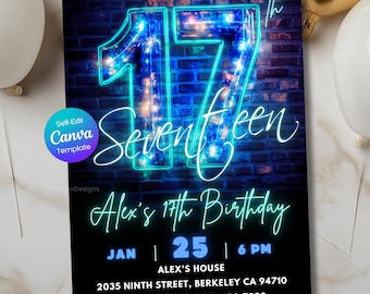 Invitación de 17.º cumpleaños: Fiesta de neón azul para niños, plantilla editable de Canva, descarga digital, invitación imprimible para fiesta de cumpleaños de adolescentes.