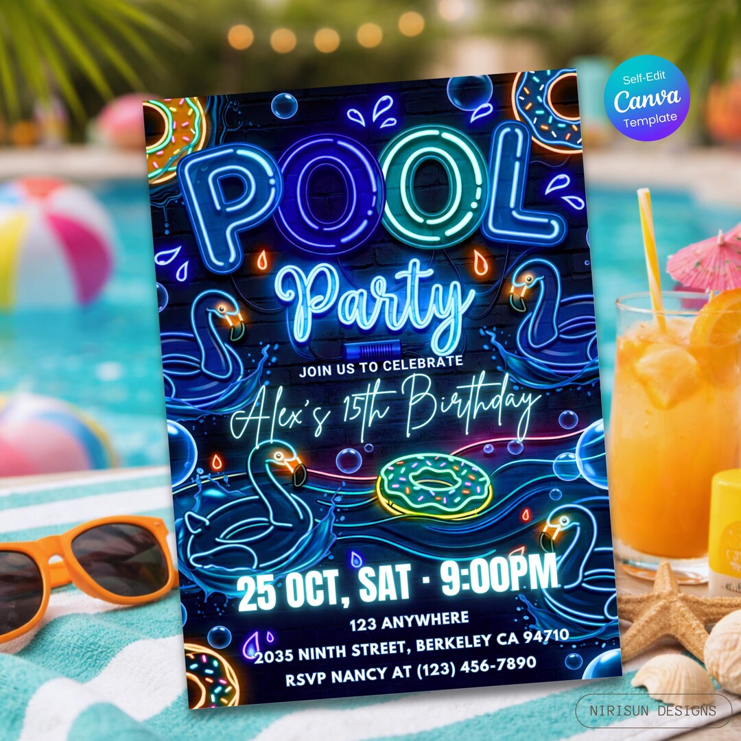 Photo Party Invitations Neon Pool Party Birthday Invitation , Glow Pool Party Invitation ...