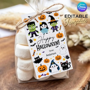 Happy Halloween Gift Tags, Trick or Treat Ghost Theme, Printable Candy bag tags, Halloween Favor Tags, Editable Name Only, Classroom Treat